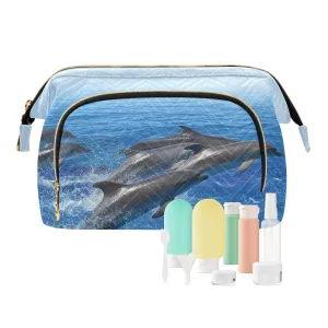 Women Wave Quilt Cosmetic Bag, Zipper Toiletry Storage 10.2x5.9x6.7 in, Pouch Handbag Makeup Case Purse Holder Organizer Print Marine Dolphins Jumping Out Of Blue Sea Water Sky