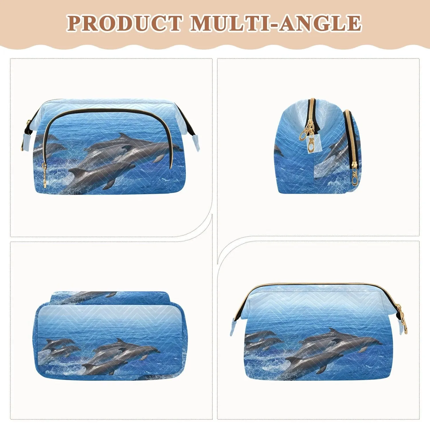 Women Wave Quilt Cosmetic Bag, Zipper Toiletry Storage 10.2x5.9x6.7 in, Pouch Handbag Makeup Case Purse Holder Organizer Print Marine Dolphins Jumping Out Of Blue Sea Water Sky