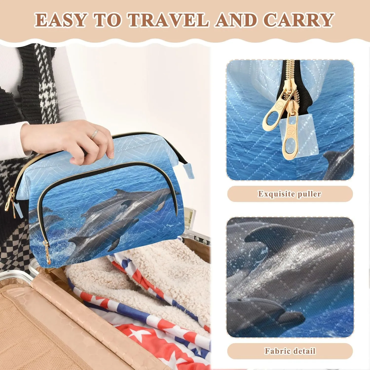 Women Wave Quilt Cosmetic Bag, Zipper Toiletry Storage 10.2x5.9x6.7 in, Pouch Handbag Makeup Case Purse Holder Organizer Print Marine Dolphins Jumping Out Of Blue Sea Water Sky