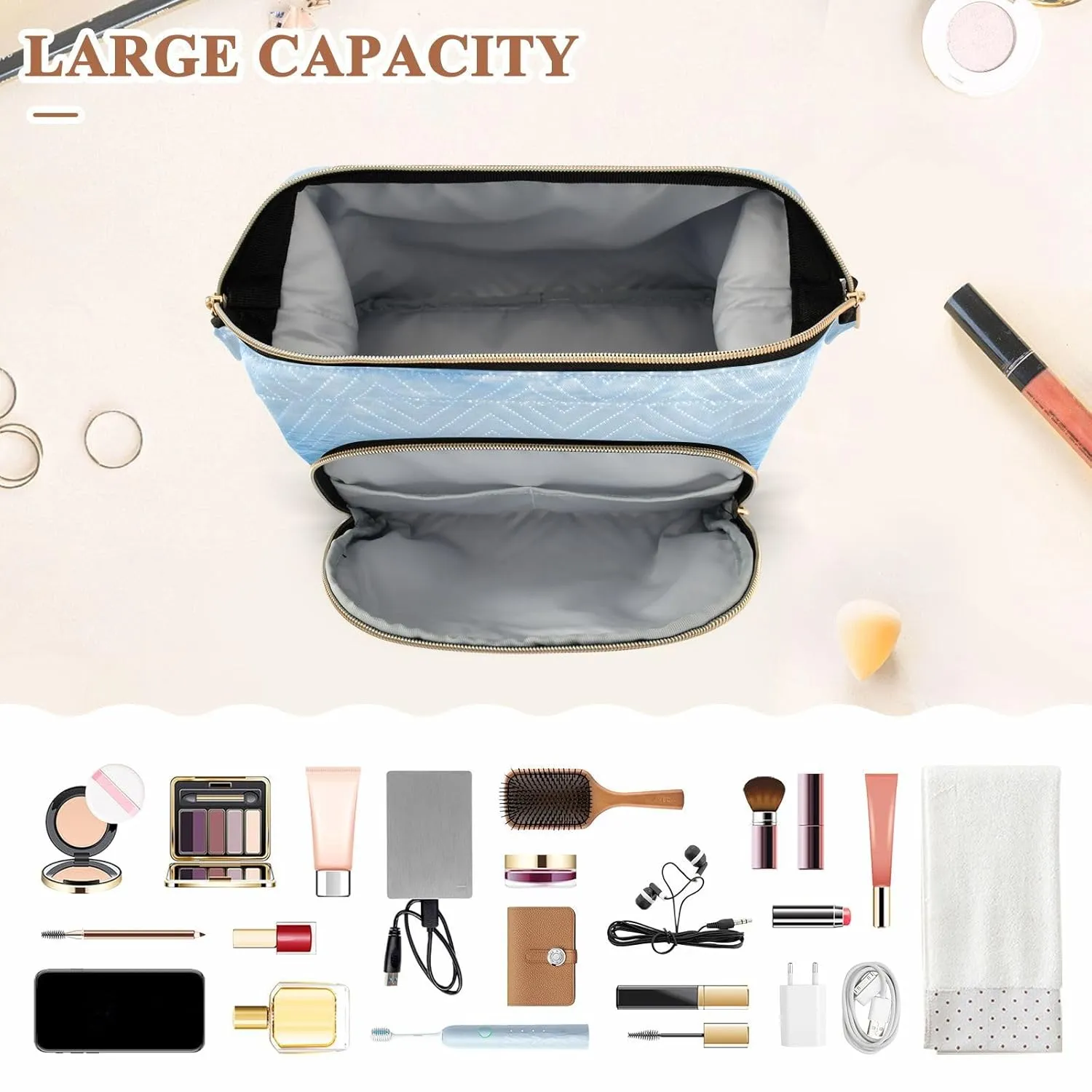 Women Wave Quilt Cosmetic Bag, Zipper Toiletry Storage 10.2x5.9x6.7 in, Pouch Handbag Makeup Case Purse Holder Organizer Print Marine Dolphins Jumping Out Of Blue Sea Water Sky