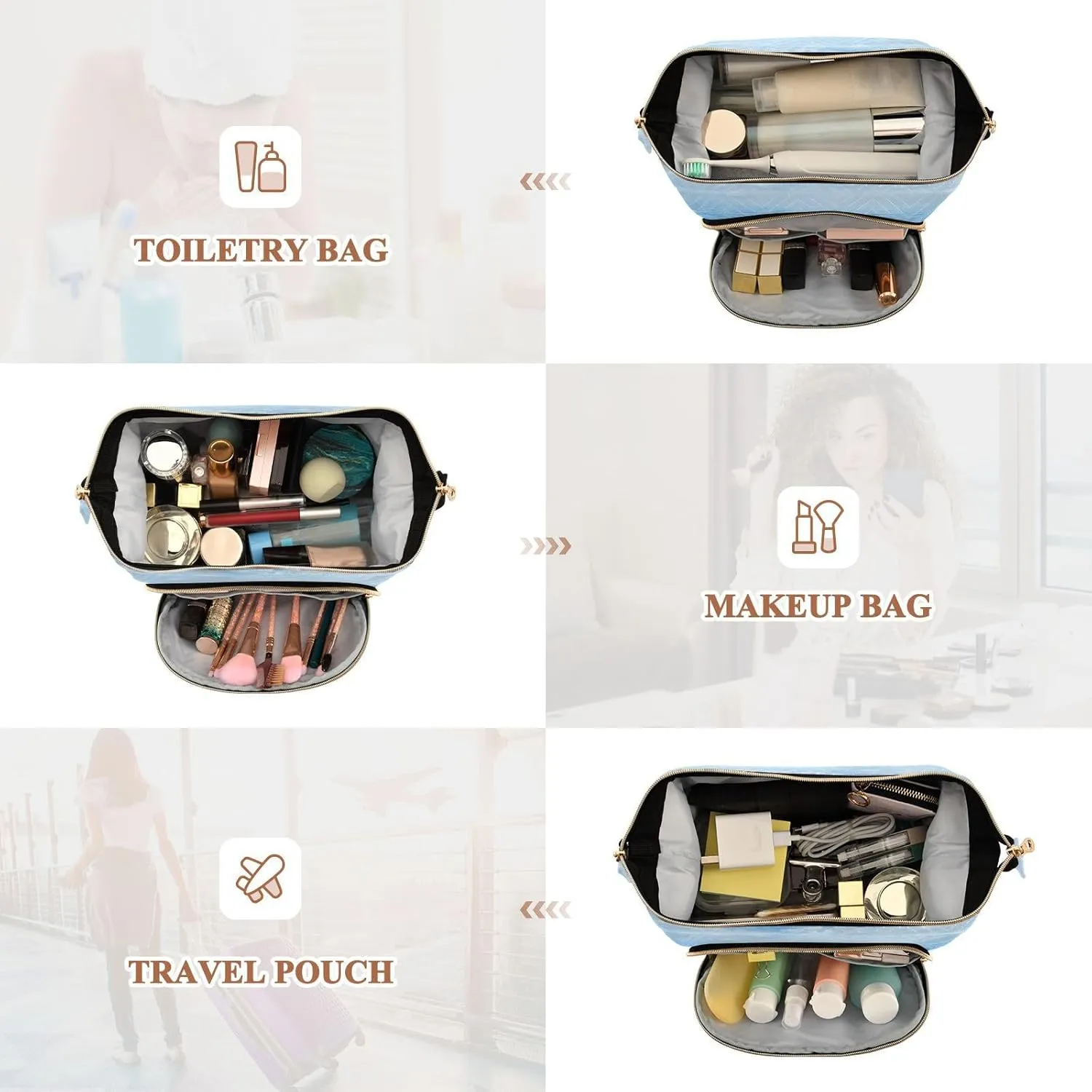 Women Wave Quilt Cosmetic Bag, Zipper Toiletry Storage 10.2x5.9x6.7 in, Pouch Handbag Makeup Case Purse Holder Organizer Print Marine Dolphins Jumping Out Of Blue Sea Water Sky