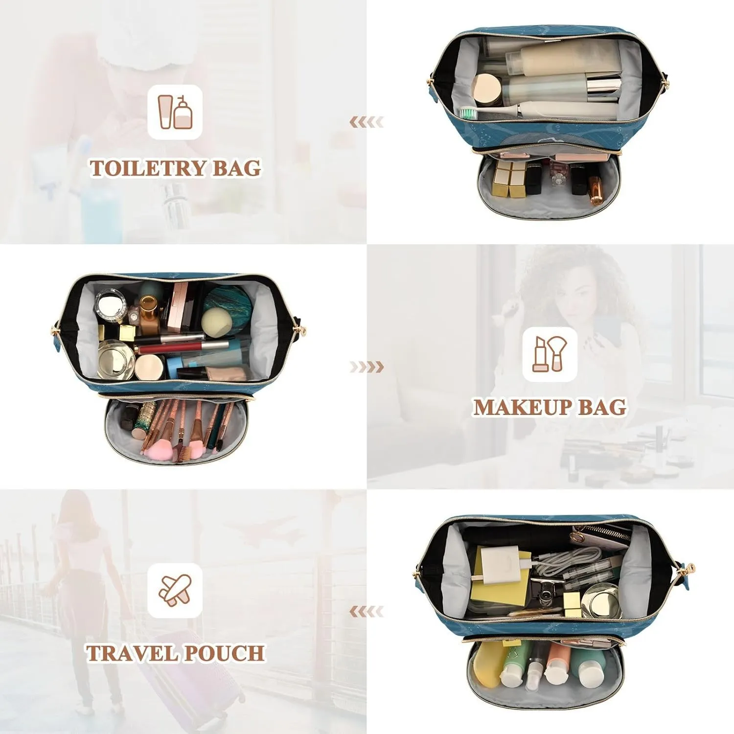 Women Wave Quilt Cosmetic Bag, Zipper Toiletry Storage 10.2x5.9x6.7 in, Pouch Handbag Makeup Case Purse Holder Organizer Print Narwhal Unicorn Fish Under Sea Water