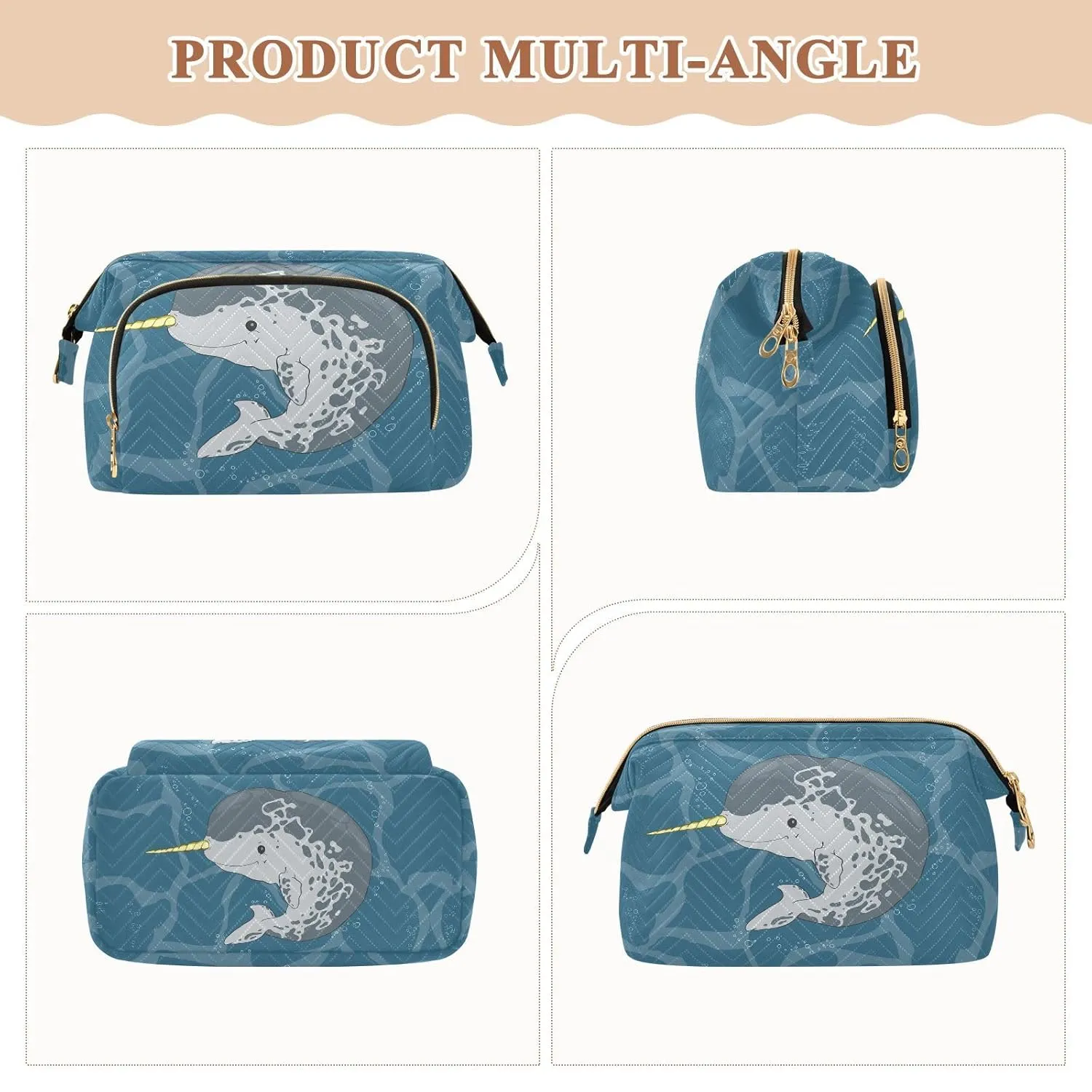 Women Wave Quilt Cosmetic Bag, Zipper Toiletry Storage 10.2x5.9x6.7 in, Pouch Handbag Makeup Case Purse Holder Organizer Print Narwhal Unicorn Fish Under Sea Water