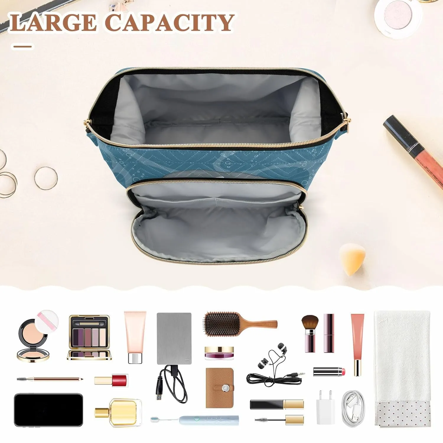 Women Wave Quilt Cosmetic Bag, Zipper Toiletry Storage 10.2x5.9x6.7 in, Pouch Handbag Makeup Case Purse Holder Organizer Print Narwhal Unicorn Fish Under Sea Water