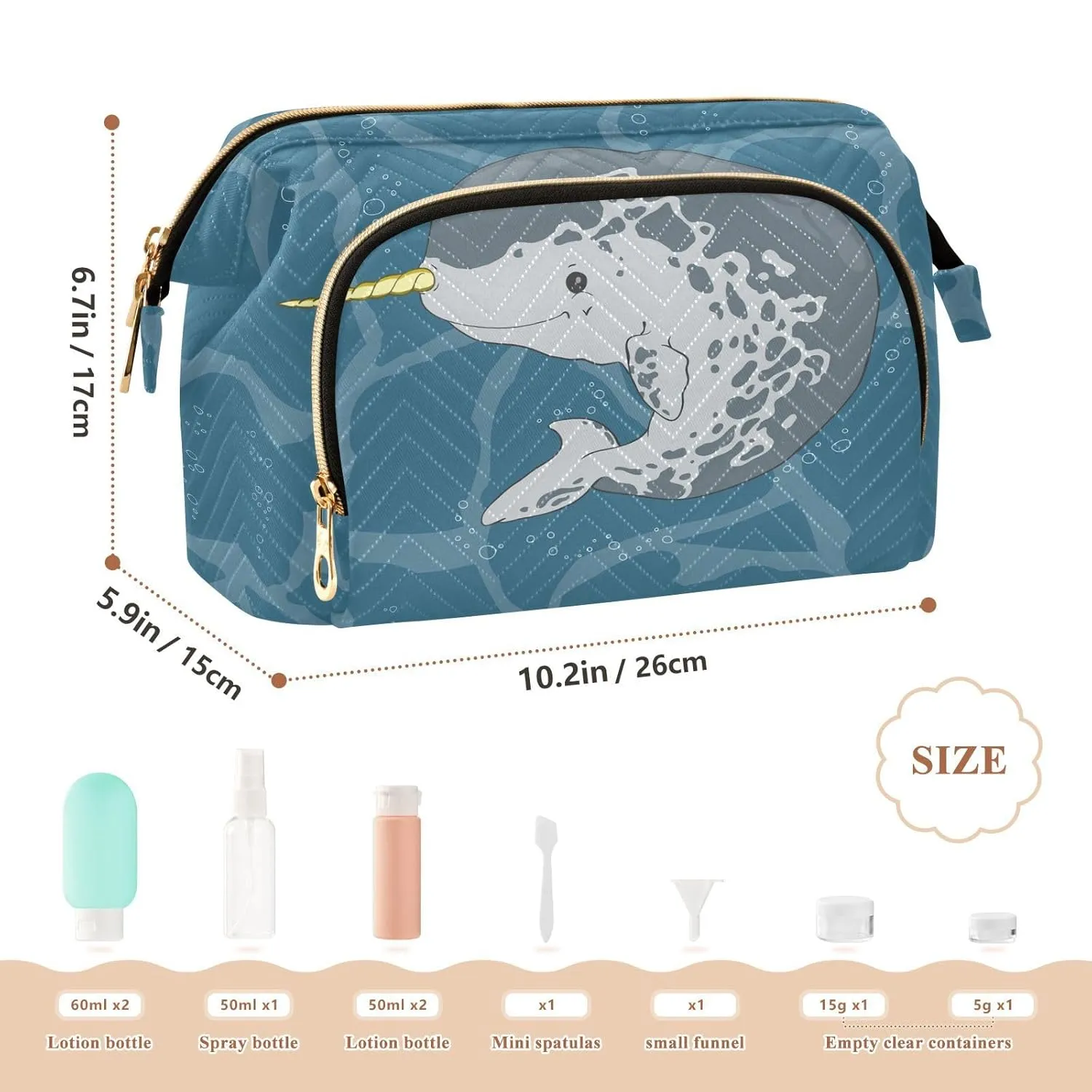 Women Wave Quilt Cosmetic Bag, Zipper Toiletry Storage 10.2x5.9x6.7 in, Pouch Handbag Makeup Case Purse Holder Organizer Print Narwhal Unicorn Fish Under Sea Water