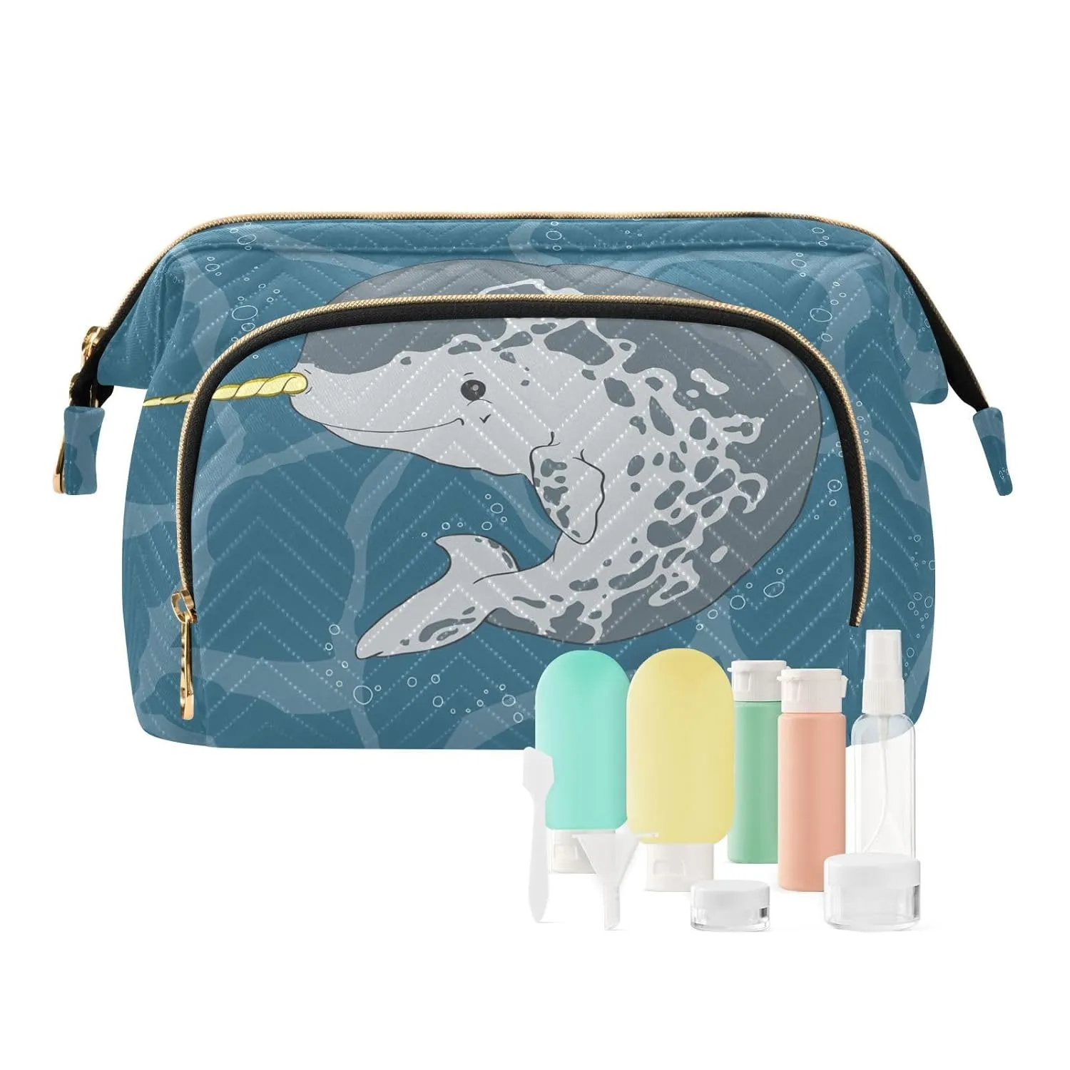 Women Wave Quilt Cosmetic Bag, Zipper Toiletry Storage 10.2x5.9x6.7 in, Pouch Handbag Makeup Case Purse Holder Organizer Print Narwhal Unicorn Fish Under Sea Water