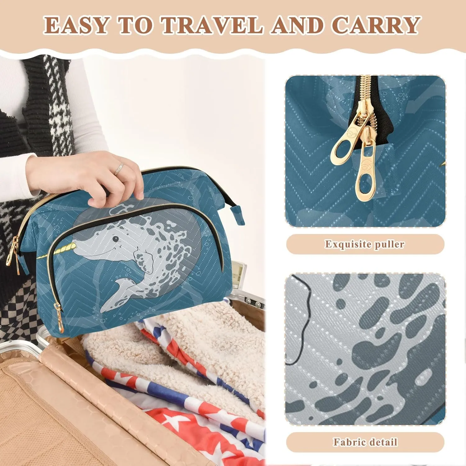 Women Wave Quilt Cosmetic Bag, Zipper Toiletry Storage 10.2x5.9x6.7 in, Pouch Handbag Makeup Case Purse Holder Organizer Print Narwhal Unicorn Fish Under Sea Water