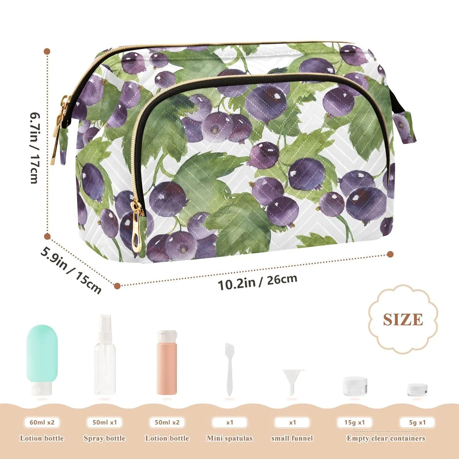 Women Wave Quilt Cosmetic Bag, Zipper Toiletry Storage 10.2x5.9x6.7 in, Pouch Handbag Makeup Case Purse Holder Organizer Print Purple Currant Green Leaves Seamless On White