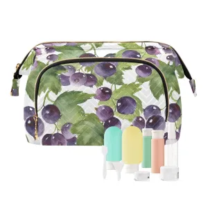 Women Wave Quilt Cosmetic Bag, Zipper Toiletry Storage 10.2x5.9x6.7 in, Pouch Handbag Makeup Case Purse Holder Organizer Print Purple Currant Green Leaves Seamless On White