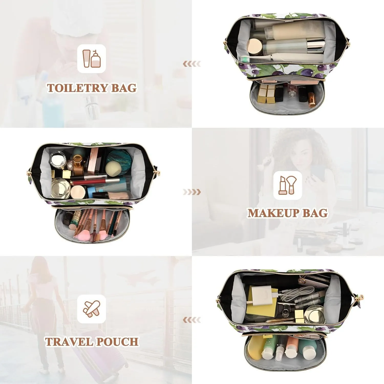 Women Wave Quilt Cosmetic Bag, Zipper Toiletry Storage 10.2x5.9x6.7 in, Pouch Handbag Makeup Case Purse Holder Organizer Print Purple Currant Green Leaves Seamless On White