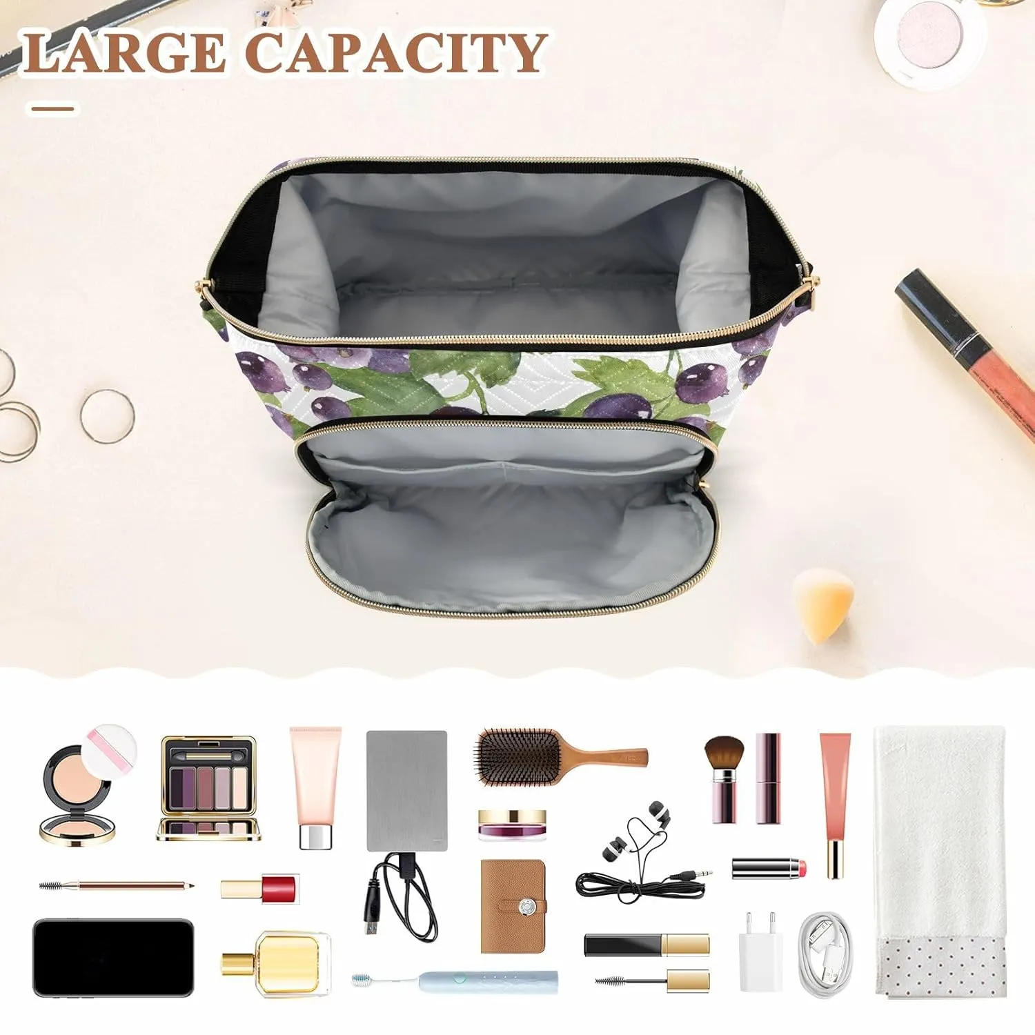 Women Wave Quilt Cosmetic Bag, Zipper Toiletry Storage 10.2x5.9x6.7 in, Pouch Handbag Makeup Case Purse Holder Organizer Print Purple Currant Green Leaves Seamless On White