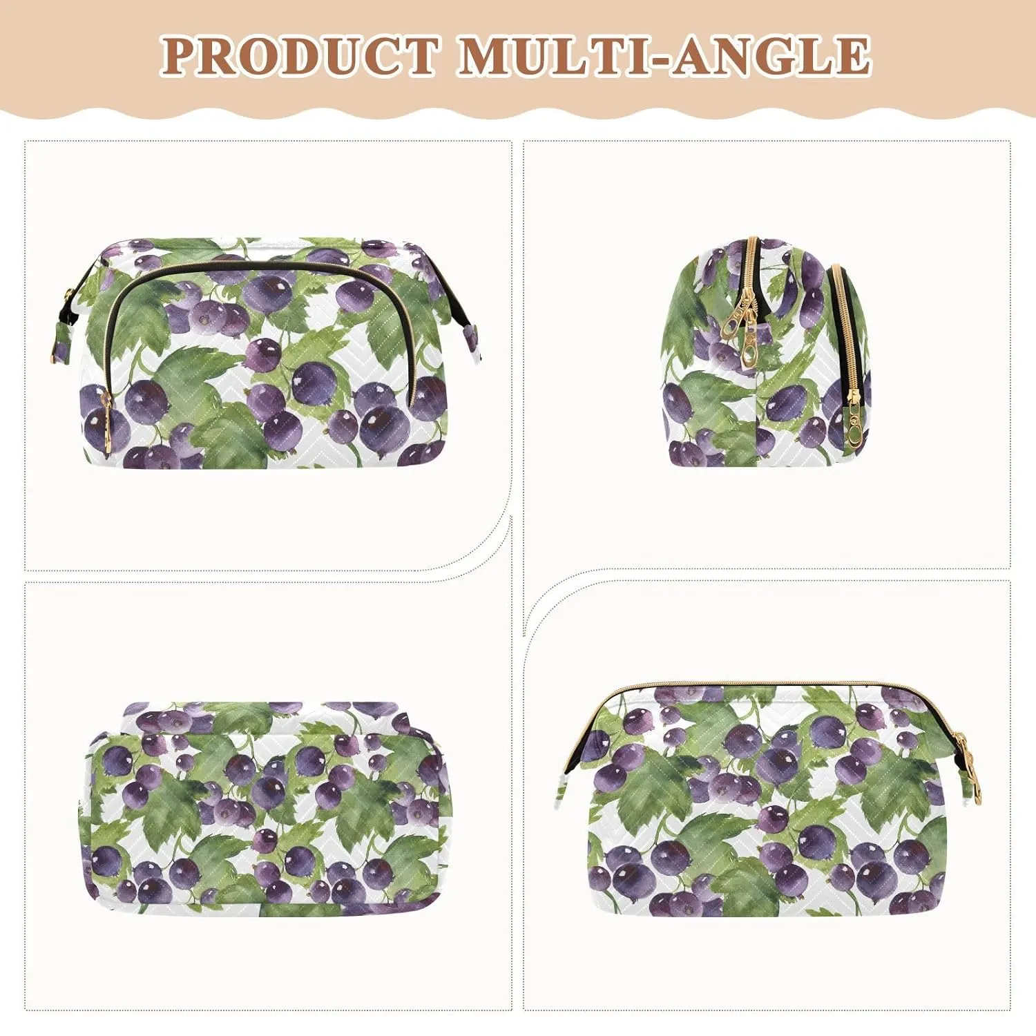 Women Wave Quilt Cosmetic Bag, Zipper Toiletry Storage 10.2x5.9x6.7 in, Pouch Handbag Makeup Case Purse Holder Organizer Print Purple Currant Green Leaves Seamless On White