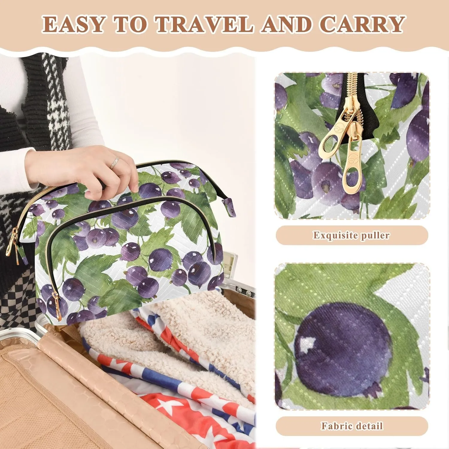Women Wave Quilt Cosmetic Bag, Zipper Toiletry Storage 10.2x5.9x6.7 in, Pouch Handbag Makeup Case Purse Holder Organizer Print Purple Currant Green Leaves Seamless On White