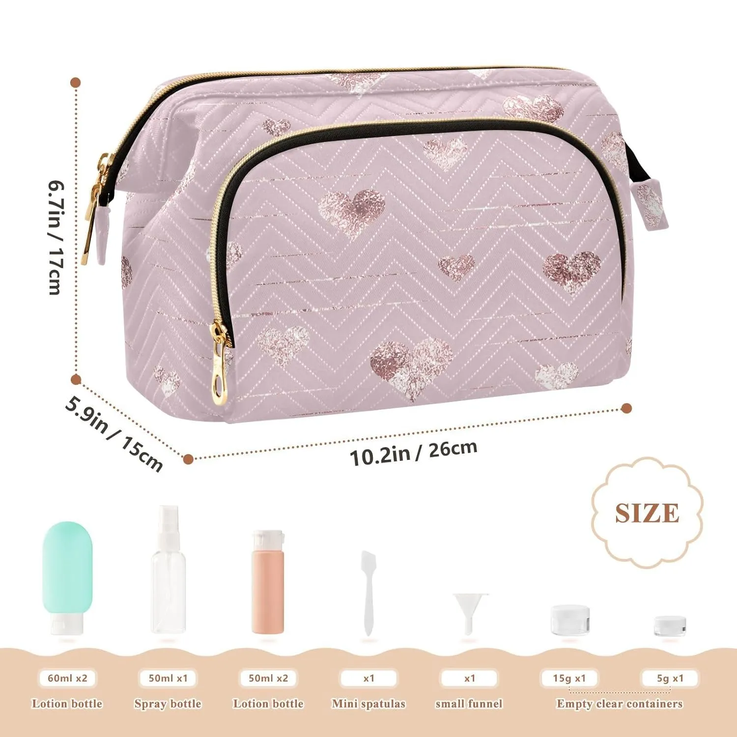 Women Wave Quilt Cosmetic Bag, Zipper Toiletry Storage 10.2x5.9x6.7 in, Pouch Handbag Makeup Case Purse Holder Organizer Print Rose Gold Hearts Golden Glitter On Pink