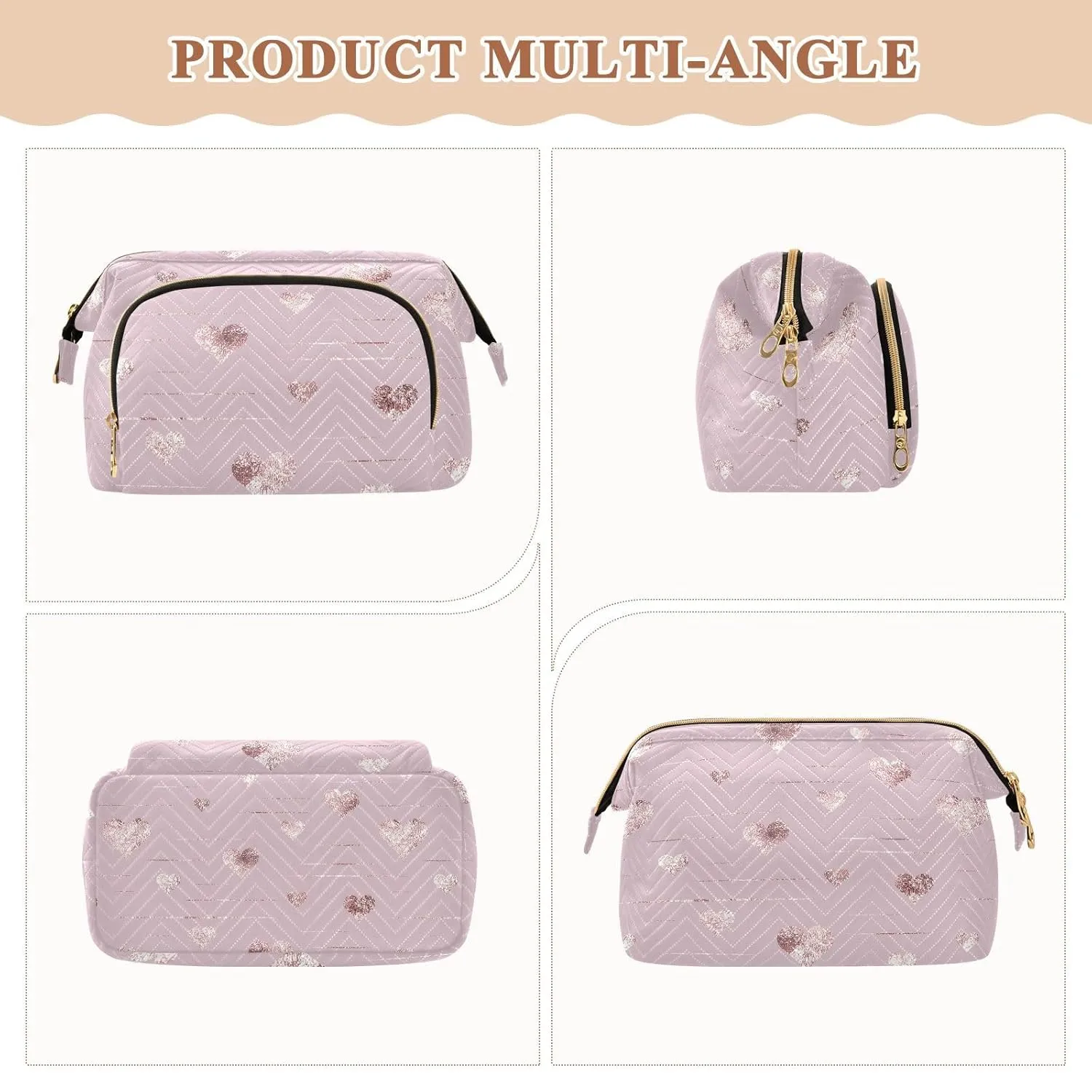 Women Wave Quilt Cosmetic Bag, Zipper Toiletry Storage 10.2x5.9x6.7 in, Pouch Handbag Makeup Case Purse Holder Organizer Print Rose Gold Hearts Golden Glitter On Pink