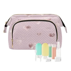 Women Wave Quilt Cosmetic Bag, Zipper Toiletry Storage 10.2x5.9x6.7 in, Pouch Handbag Makeup Case Purse Holder Organizer Print Rose Gold Hearts Golden Glitter On Pink