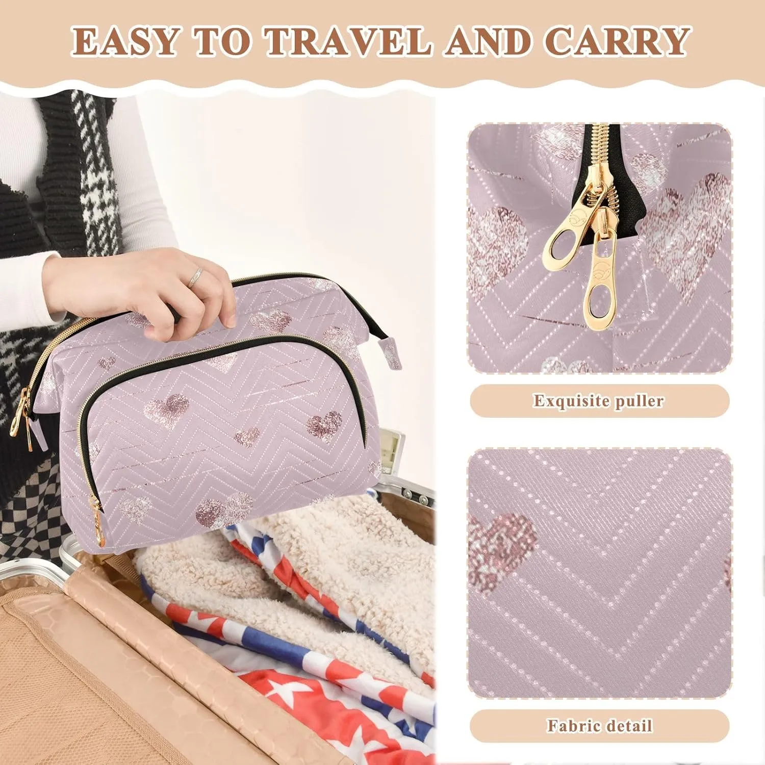 Women Wave Quilt Cosmetic Bag, Zipper Toiletry Storage 10.2x5.9x6.7 in, Pouch Handbag Makeup Case Purse Holder Organizer Print Rose Gold Hearts Golden Glitter On Pink