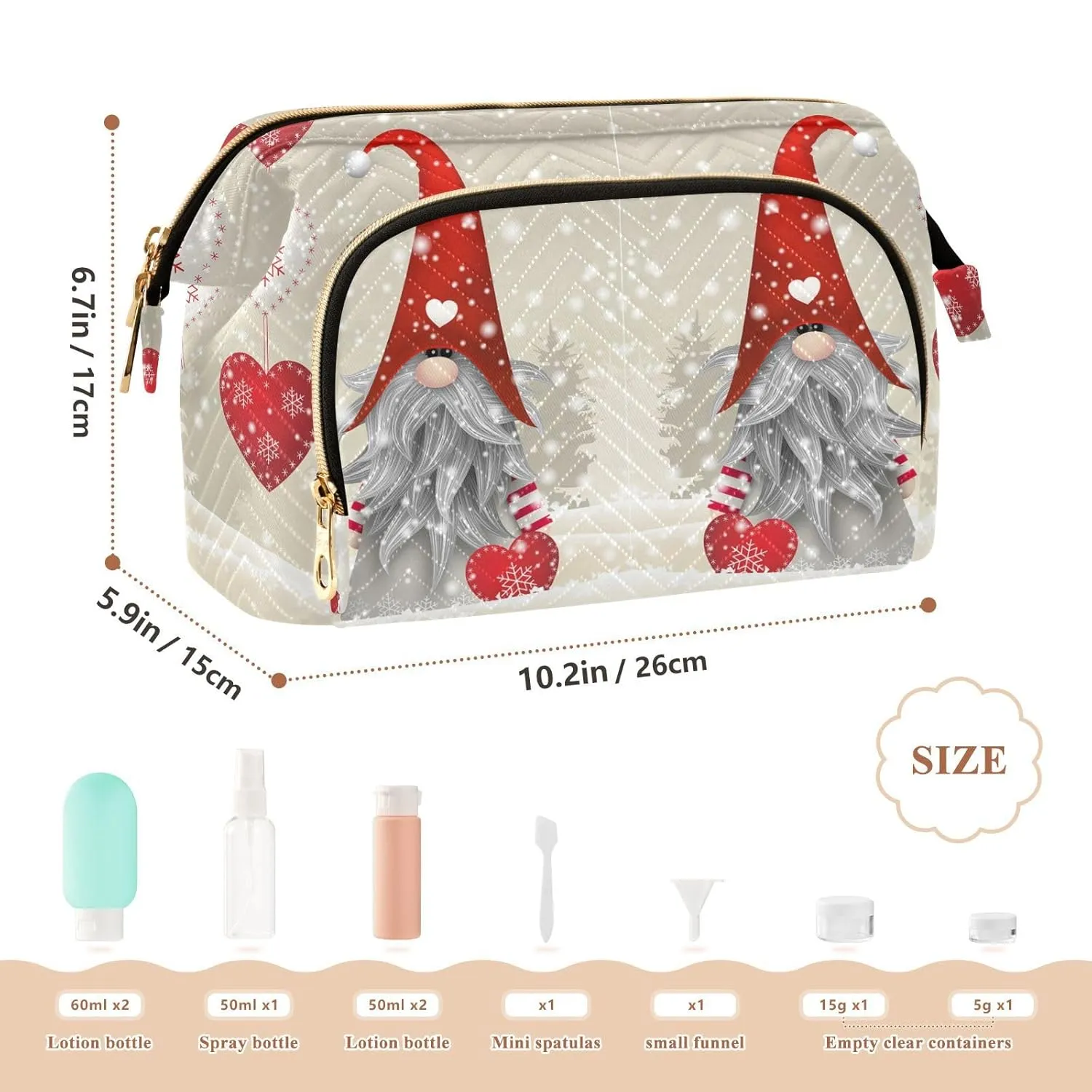 Women Wave Quilt Cosmetic Bag, Zipper Toiletry Storage 10.2x5.9x6.7 in, Pouch Handbag Makeup Case Purse Holder Organizer Print Scandinavian Christmas Gnome With Red Hat Hearts