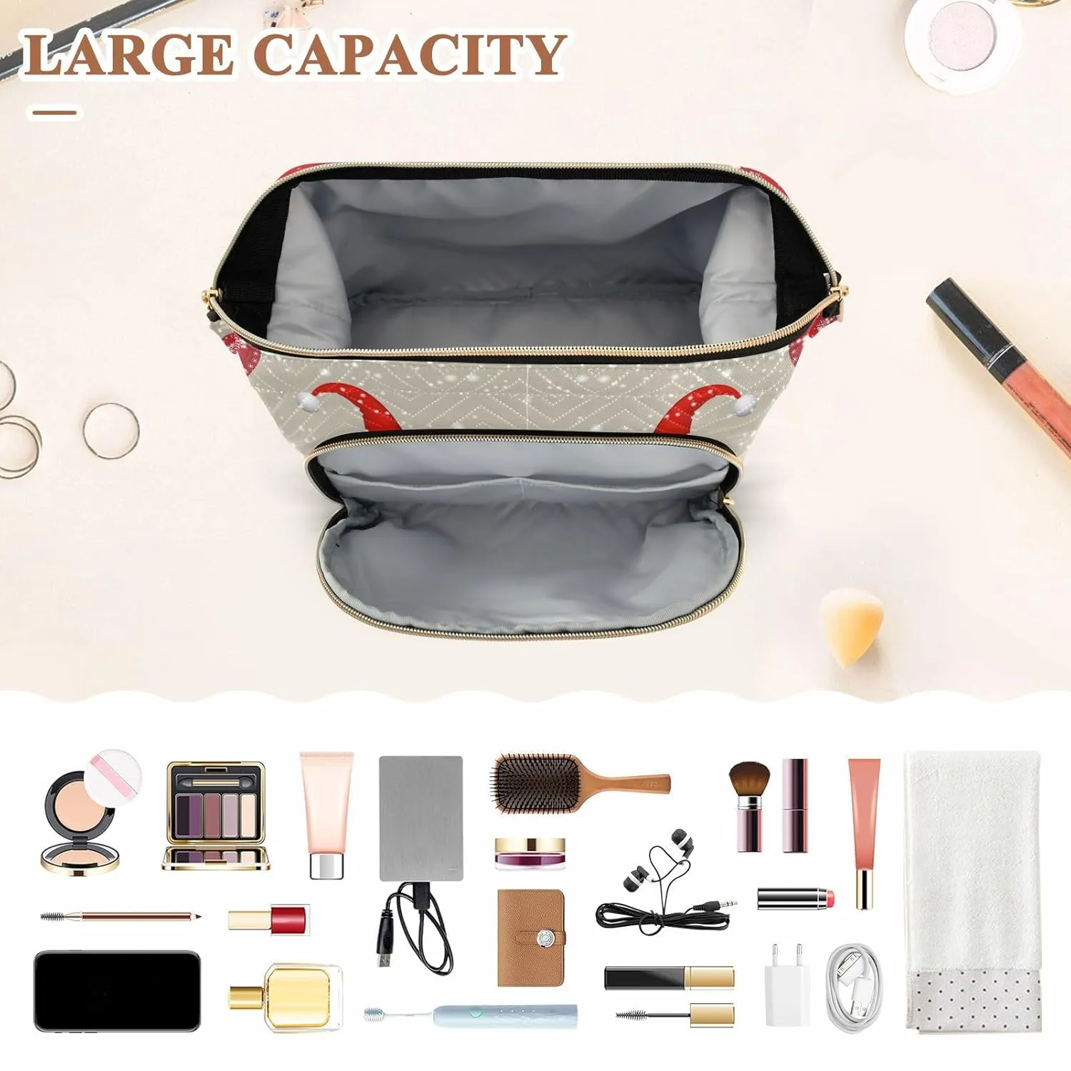 Women Wave Quilt Cosmetic Bag, Zipper Toiletry Storage 10.2x5.9x6.7 in, Pouch Handbag Makeup Case Purse Holder Organizer Print Scandinavian Christmas Gnome With Red Hat Hearts