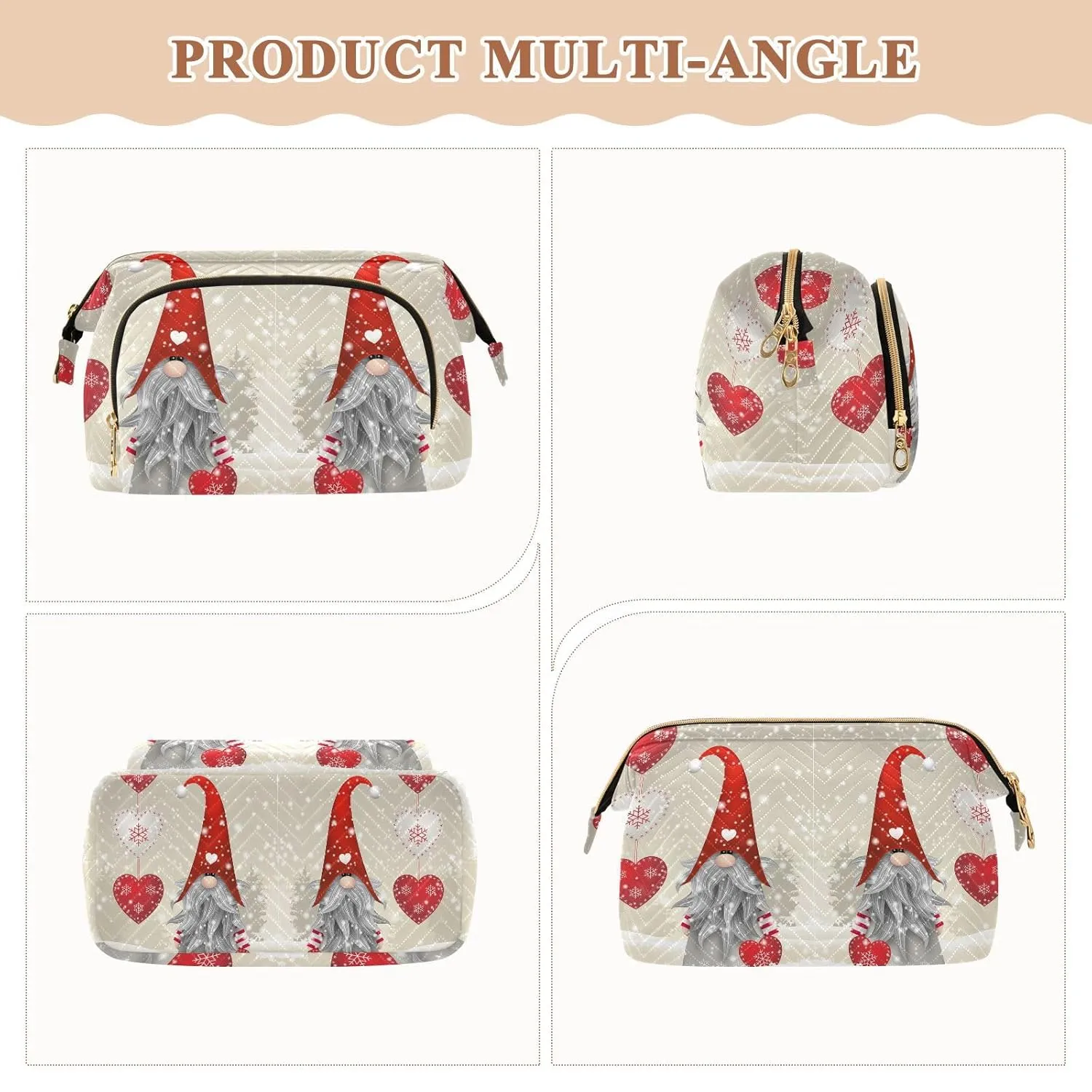 Women Wave Quilt Cosmetic Bag, Zipper Toiletry Storage 10.2x5.9x6.7 in, Pouch Handbag Makeup Case Purse Holder Organizer Print Scandinavian Christmas Gnome With Red Hat Hearts