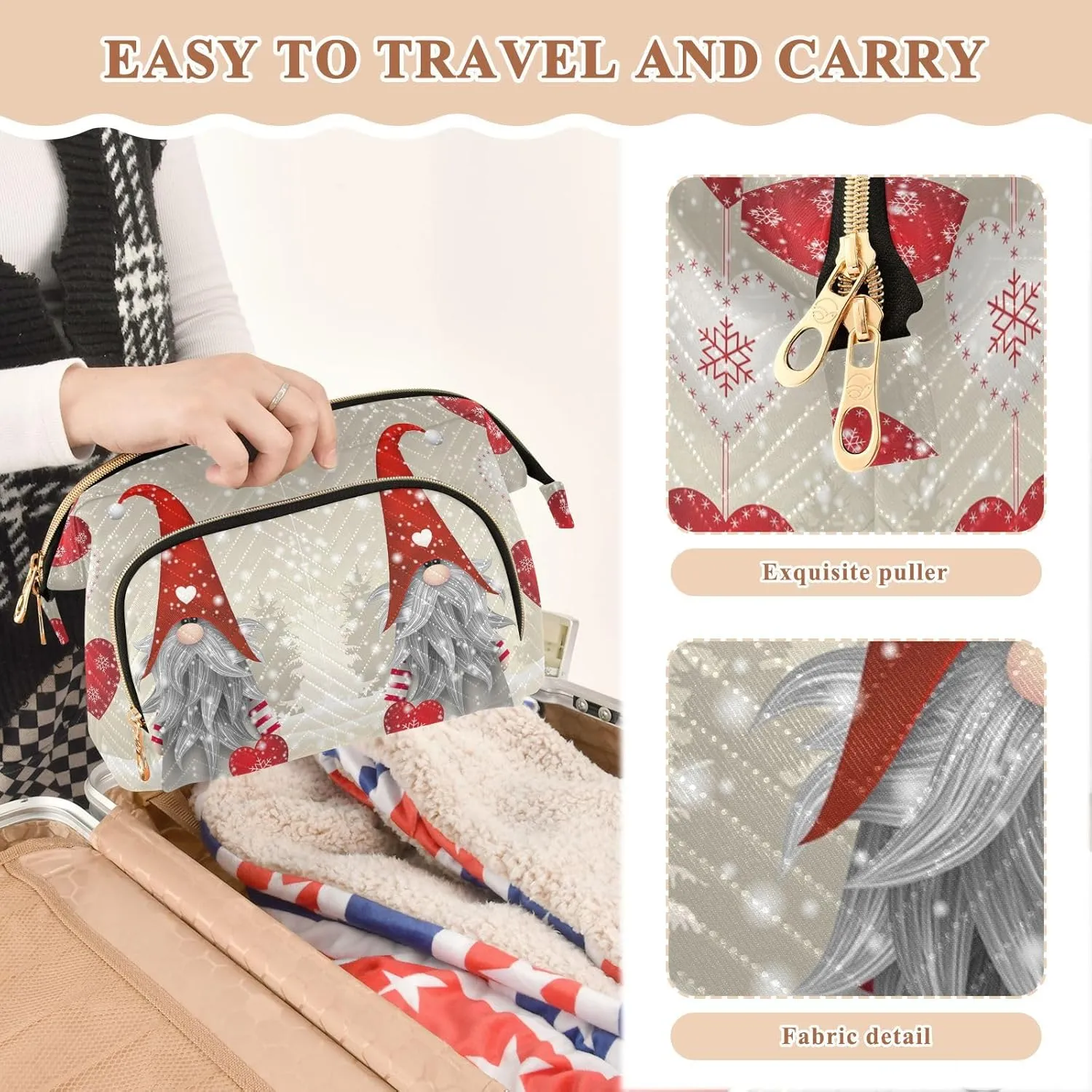Women Wave Quilt Cosmetic Bag, Zipper Toiletry Storage 10.2x5.9x6.7 in, Pouch Handbag Makeup Case Purse Holder Organizer Print Scandinavian Christmas Gnome With Red Hat Hearts