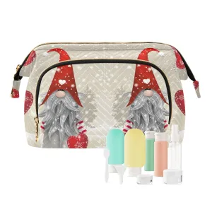 Women Wave Quilt Cosmetic Bag, Zipper Toiletry Storage 10.2x5.9x6.7 in, Pouch Handbag Makeup Case Purse Holder Organizer Print Scandinavian Christmas Gnome With Red Hat Hearts