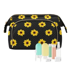 Women Wave Quilt Cosmetic Bag, Zipper Toiletry Storage 10.2x5.9x6.7 in, Pouch Handbag Makeup Case Purse Holder Organizer Print Seamless Yellow Sunflowers On Black