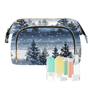 Women Wave Quilt Cosmetic Bag, Zipper Toiletry Storage 10.2x5.9x6.7 in, Pouch Handbag Makeup Case Purse Holder Organizer Print Snowy Winter Forest Blue Watercolor