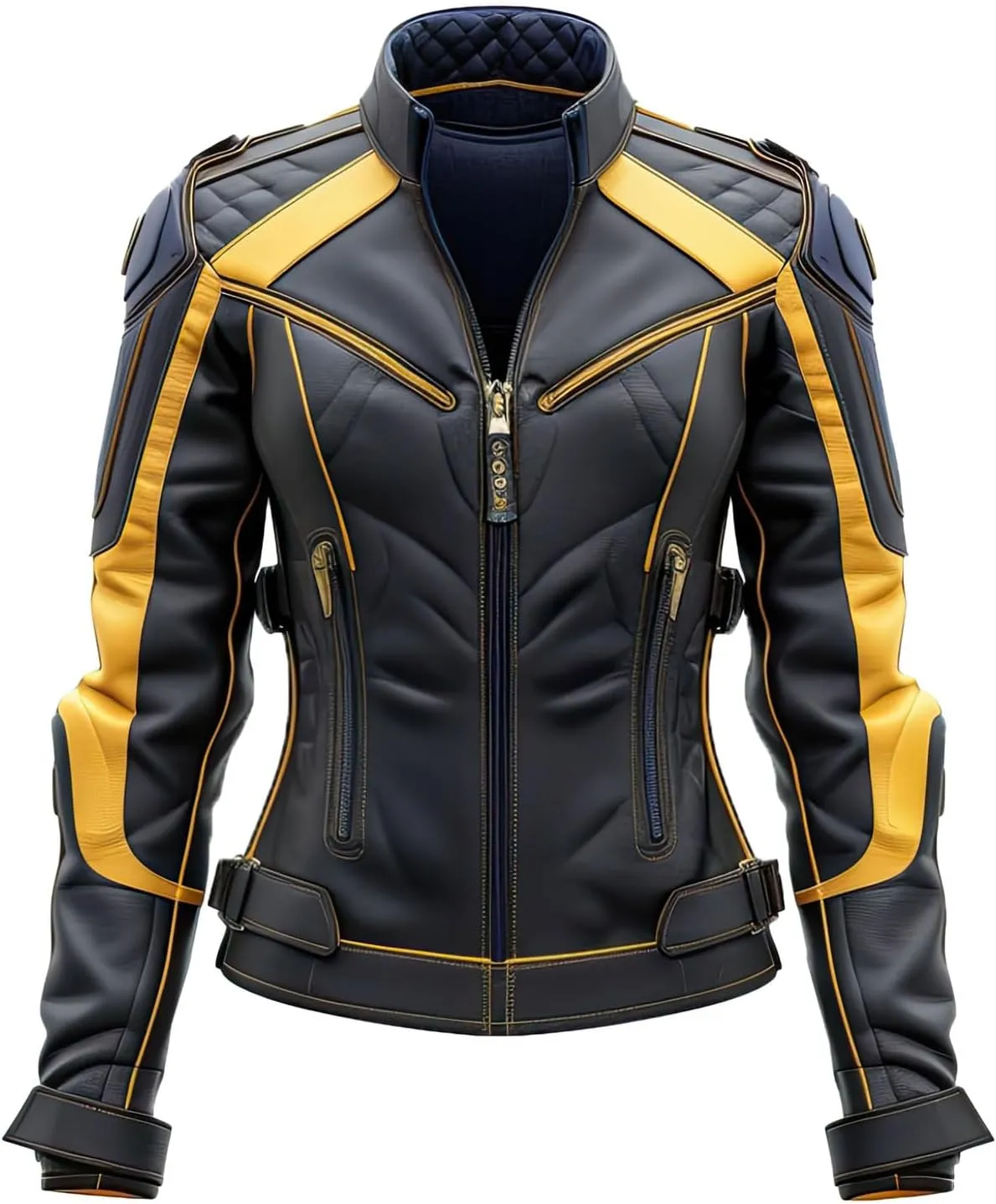 Women’s Black Yellow Genuine Sheepskin Elegant Rider Stand Collar Outfit Slim-fit Lightweight Leather Jacket