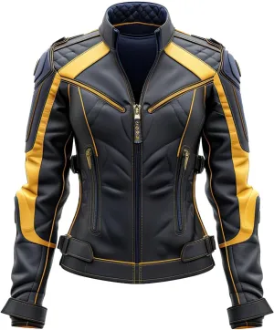 Women’s Black Yellow Genuine Sheepskin Elegant Rider Stand Collar Outfit Slim-fit Lightweight Leather Jacket