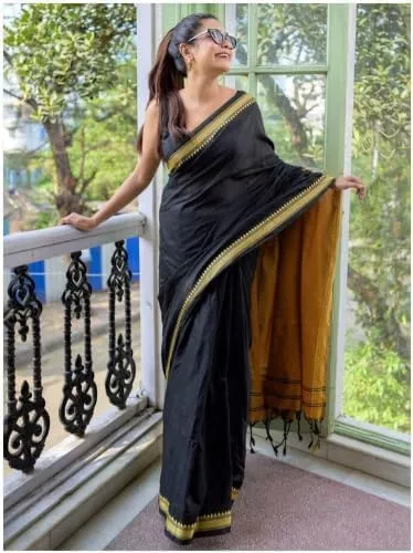 Women's Designer Cotton Indian Handloom Khadi Ethnic Saree With Tassels Unstitched Blouse Piece for Festival Wear