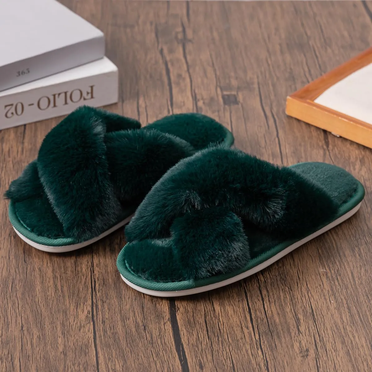 Women's Fuzzy Cross Band Slippers Indoor Outdoor Soft Open Toe House Slippers