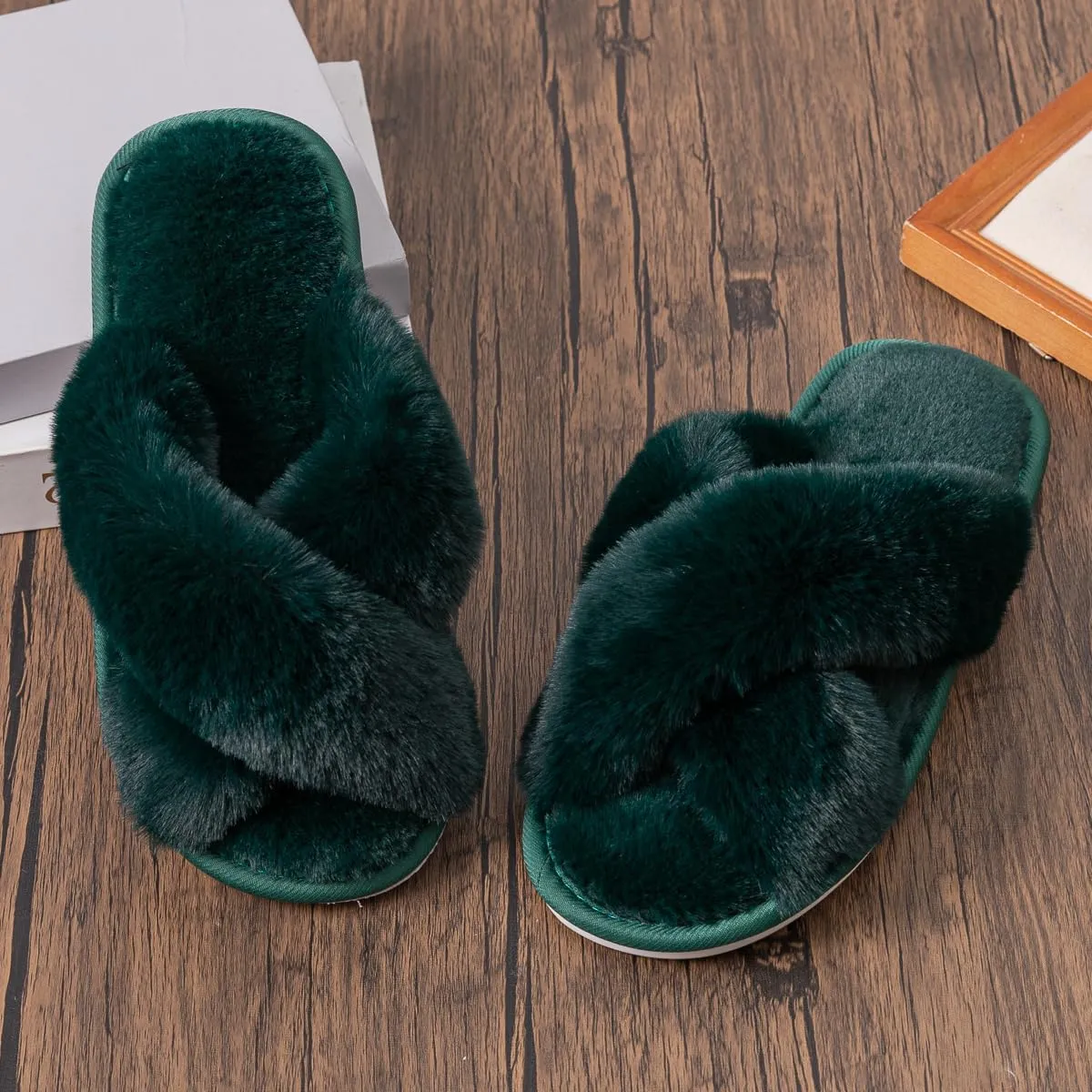 Women's Fuzzy Cross Band Slippers Indoor Outdoor Soft Open Toe House Slippers