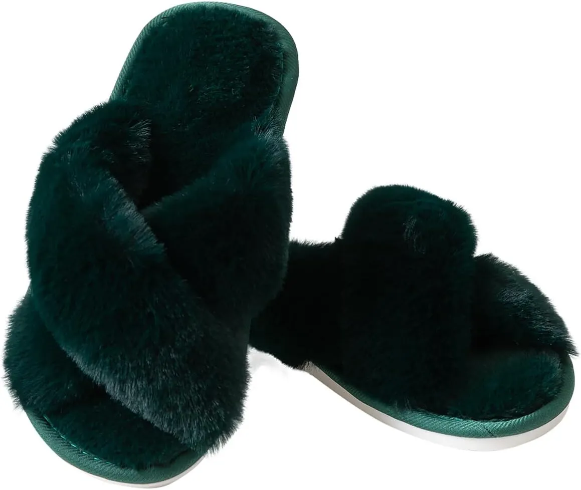 Women's Fuzzy Cross Band Slippers Indoor Outdoor Soft Open Toe House Slippers