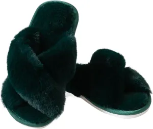 Women's Fuzzy Cross Band Slippers Indoor Outdoor Soft Open Toe House Slippers