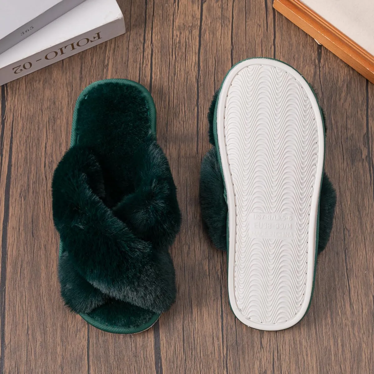 Women's Fuzzy Cross Band Slippers Indoor Outdoor Soft Open Toe House Slippers