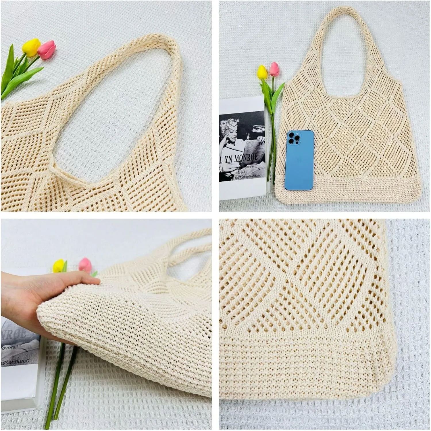Women's Knitted Tote Bag, Woven Beach Bag, Trendy Shoulder Bag, Fashion Handbag for Travel, Shopping