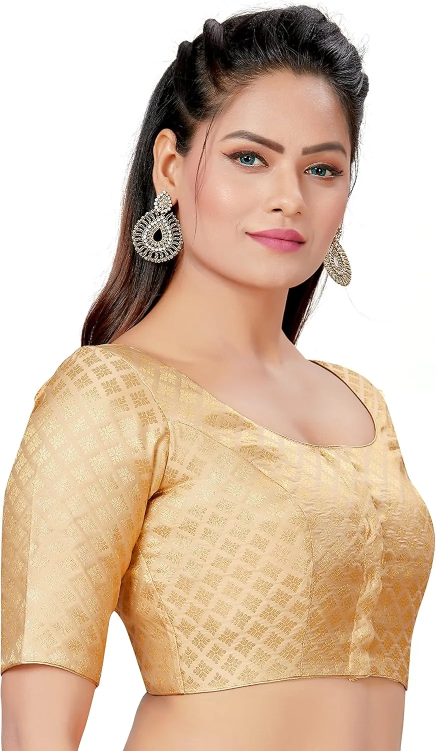 Women's Polyester Brocade Readymade Saree Blouse with Elbow Length Sleeves