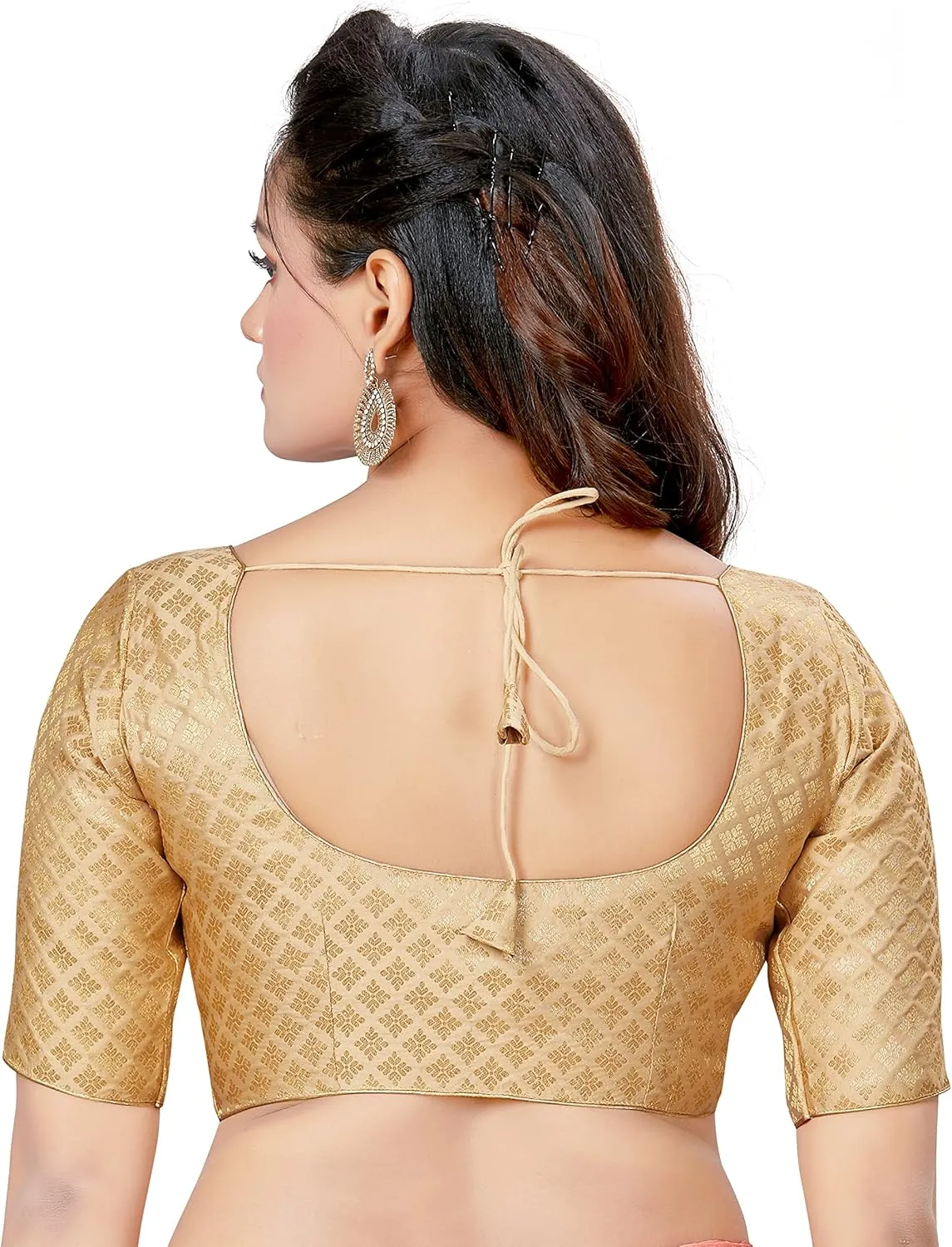 Women's Polyester Brocade Readymade Saree Blouse with Elbow Length Sleeves