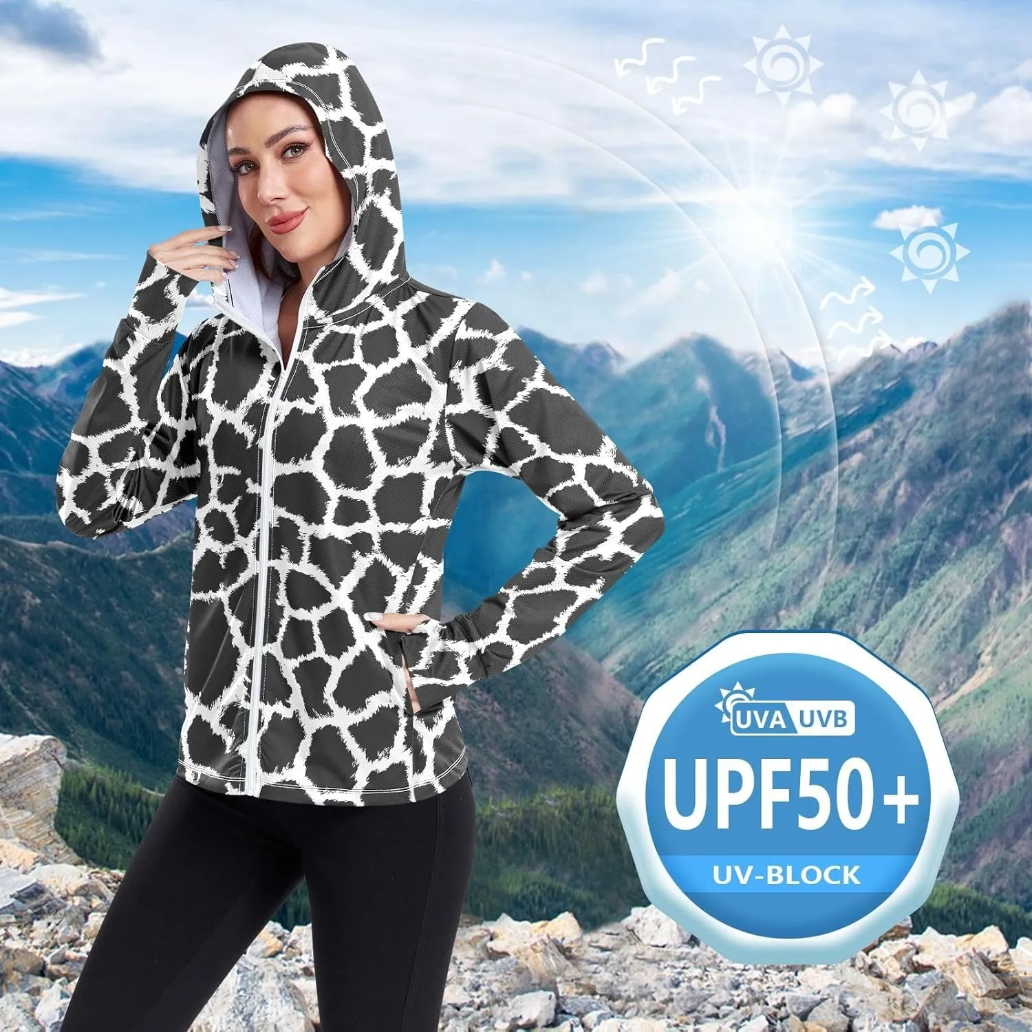 Women'S UPF 50  Uv Sun Protection Clothing Giraffe Patterns Zipper Jacket Long-Sleeved Hoodie
