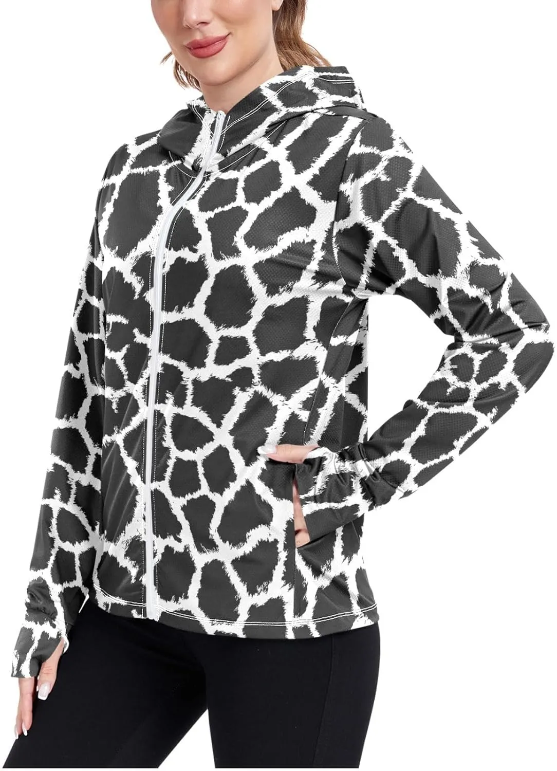 Women'S UPF 50  Uv Sun Protection Clothing Giraffe Patterns Zipper Jacket Long-Sleeved Hoodie