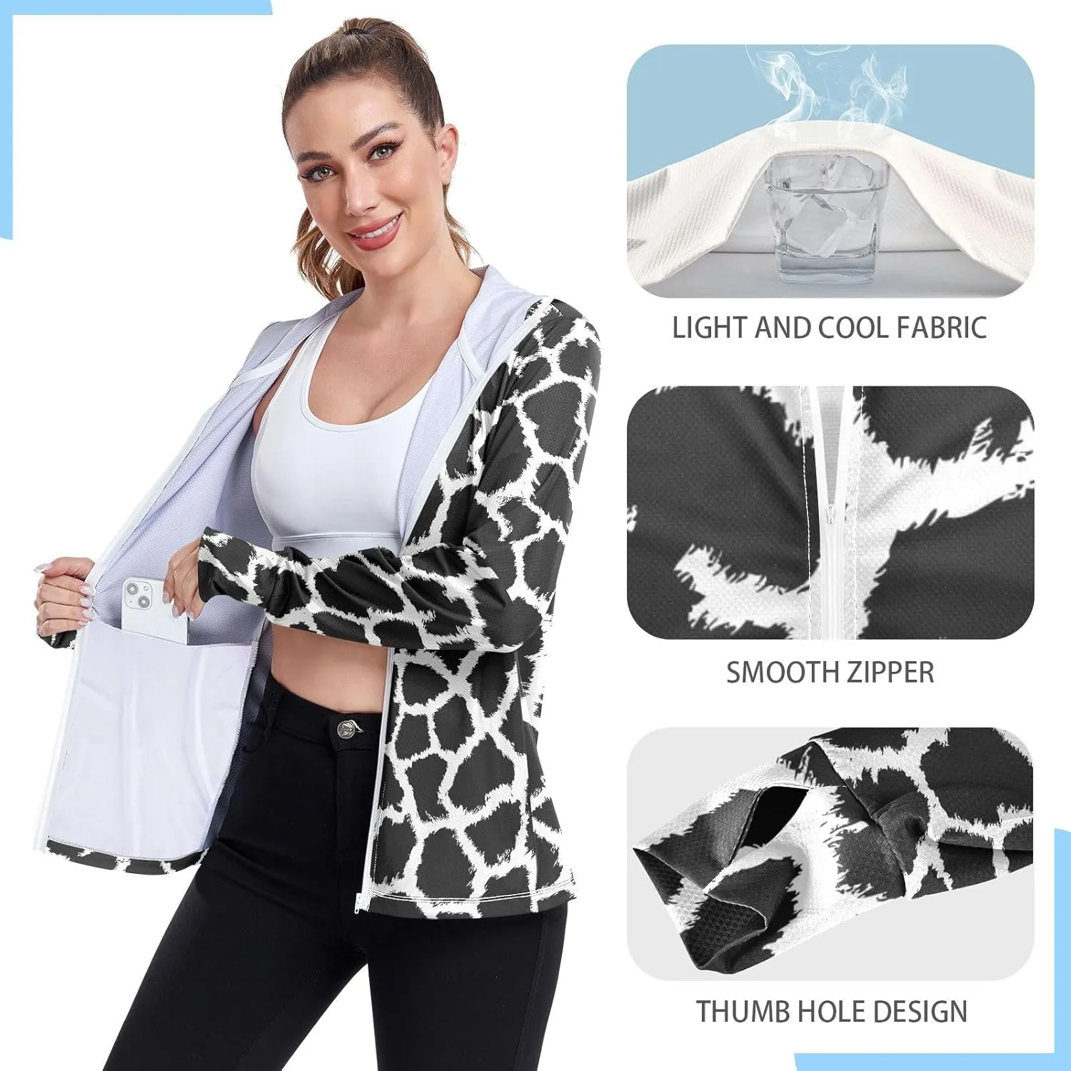 Women'S UPF 50  Uv Sun Protection Clothing Giraffe Patterns Zipper Jacket Long-Sleeved Hoodie