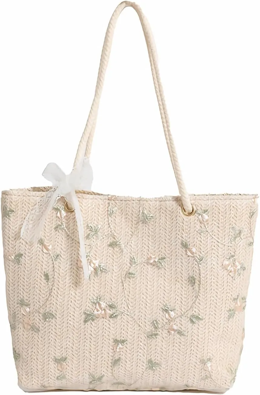Women's Woven Handbag, Beach Tote Bag, Fashionable Flower Handbag, Suitable for Shopping and Work