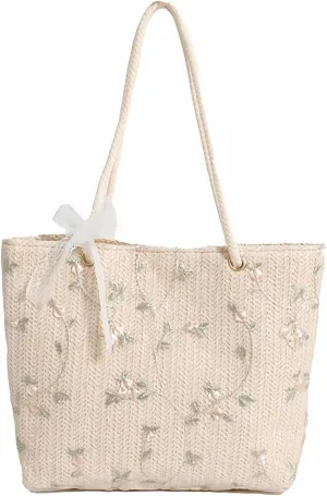 Women's Woven Handbag, Beach Tote Bag, Fashionable Flower Handbag, Suitable for Shopping and Work