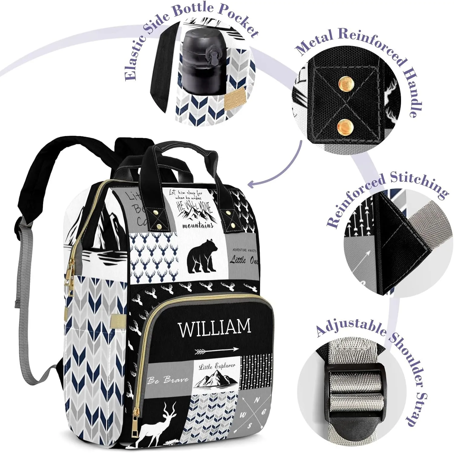 Woodland Deer Personalized Diaper Bag Backpack for Baby Boys Girls with Name Custom Nappy Nursing Bag for Moms Dads, Customized Gift, Large Capacity, Waterproof, Multifunctional