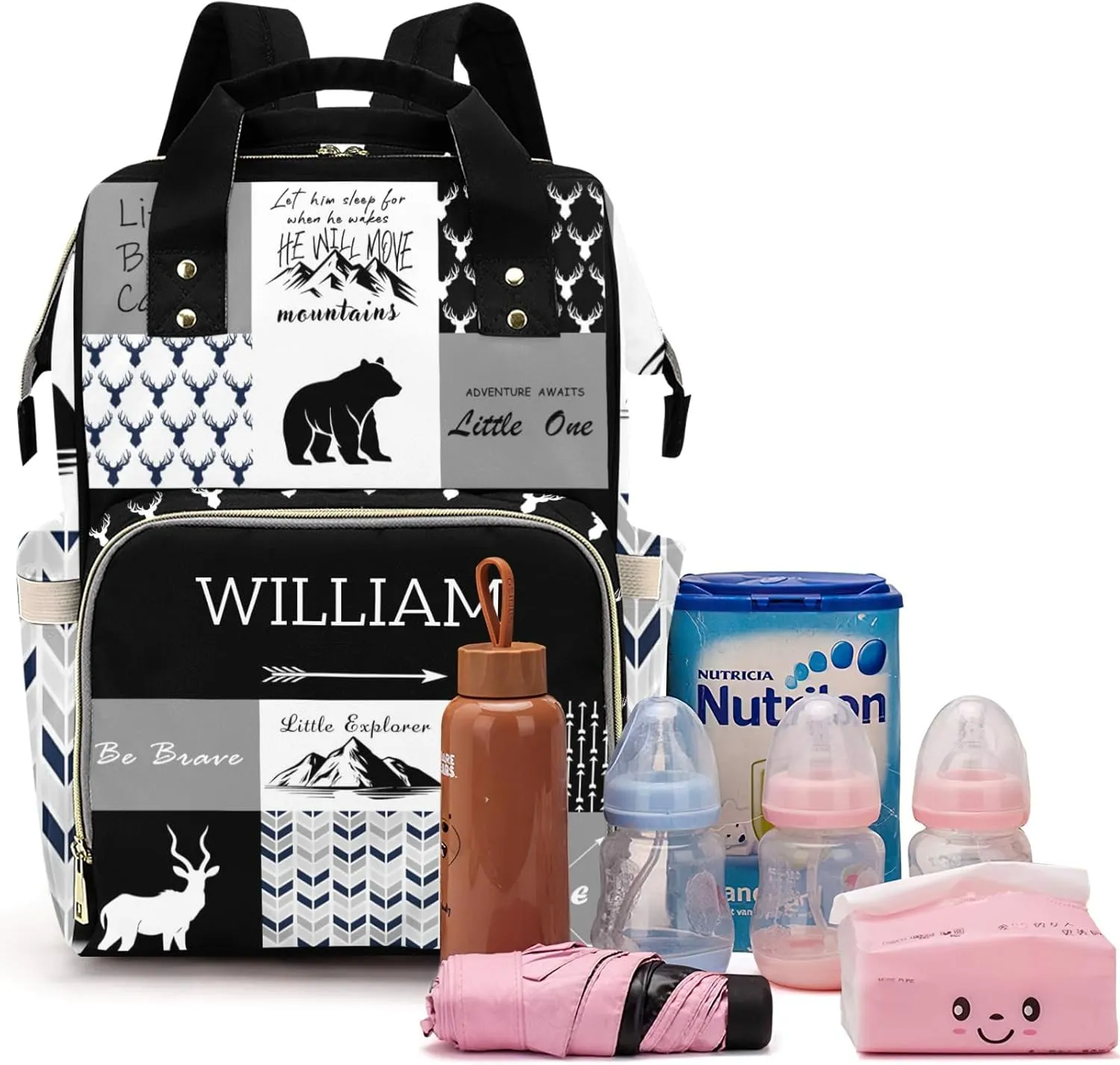 Woodland Deer Personalized Diaper Bag Backpack for Baby Boys Girls with Name Custom Nappy Nursing Bag for Moms Dads, Customized Gift, Large Capacity, Waterproof, Multifunctional