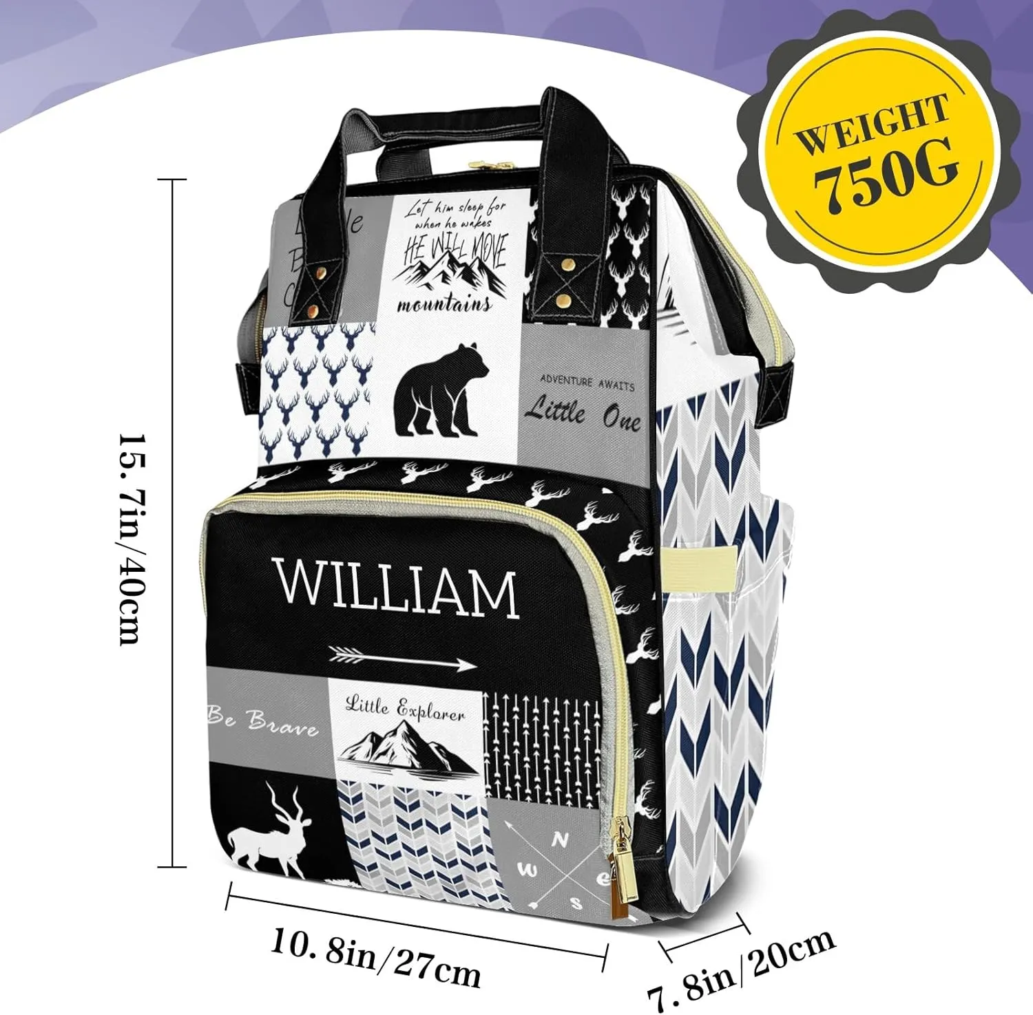 Woodland Deer Personalized Diaper Bag Backpack for Baby Boys Girls with Name Custom Nappy Nursing Bag for Moms Dads, Customized Gift, Large Capacity, Waterproof, Multifunctional