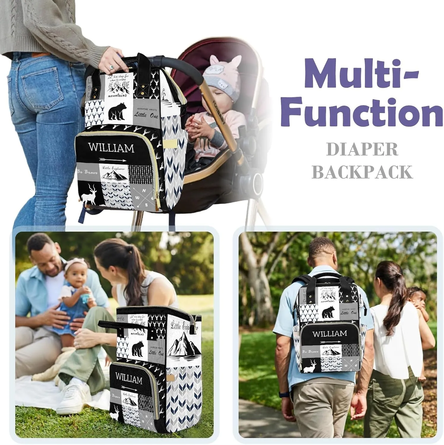 Woodland Deer Personalized Diaper Bag Backpack for Baby Boys Girls with Name Custom Nappy Nursing Bag for Moms Dads, Customized Gift, Large Capacity, Waterproof, Multifunctional