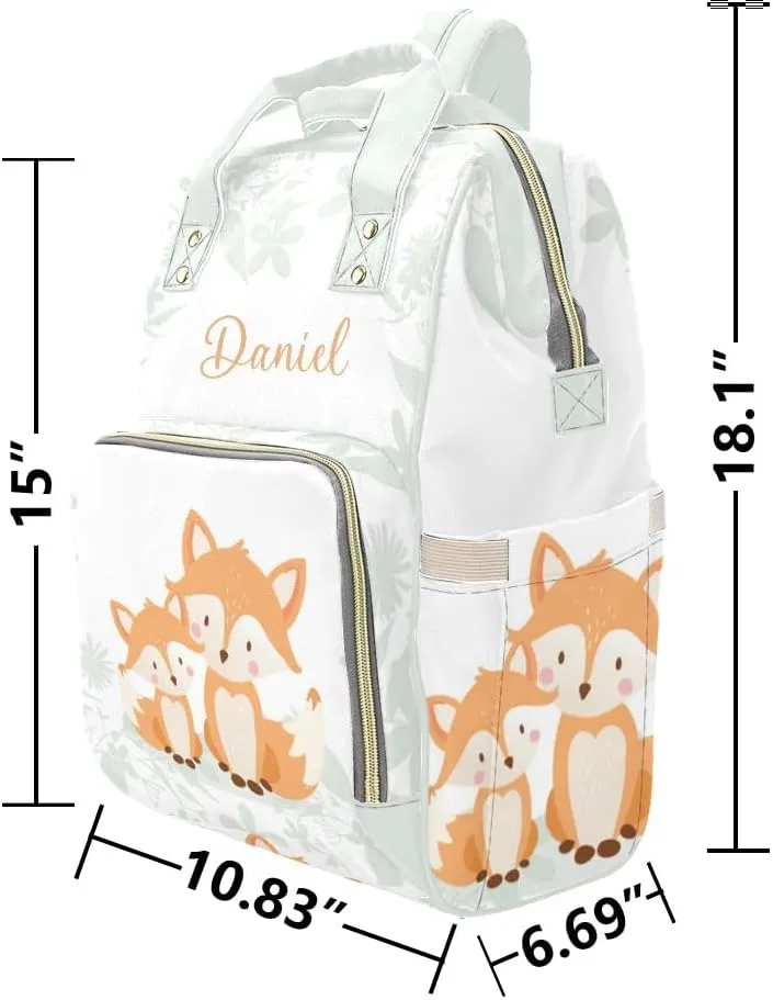 Woodland Fox Personalized Diaper Bag Backpack,Custom Name Diaper Backpack Nursing Baby Mommy Bag for Boys Girls Shower Gift