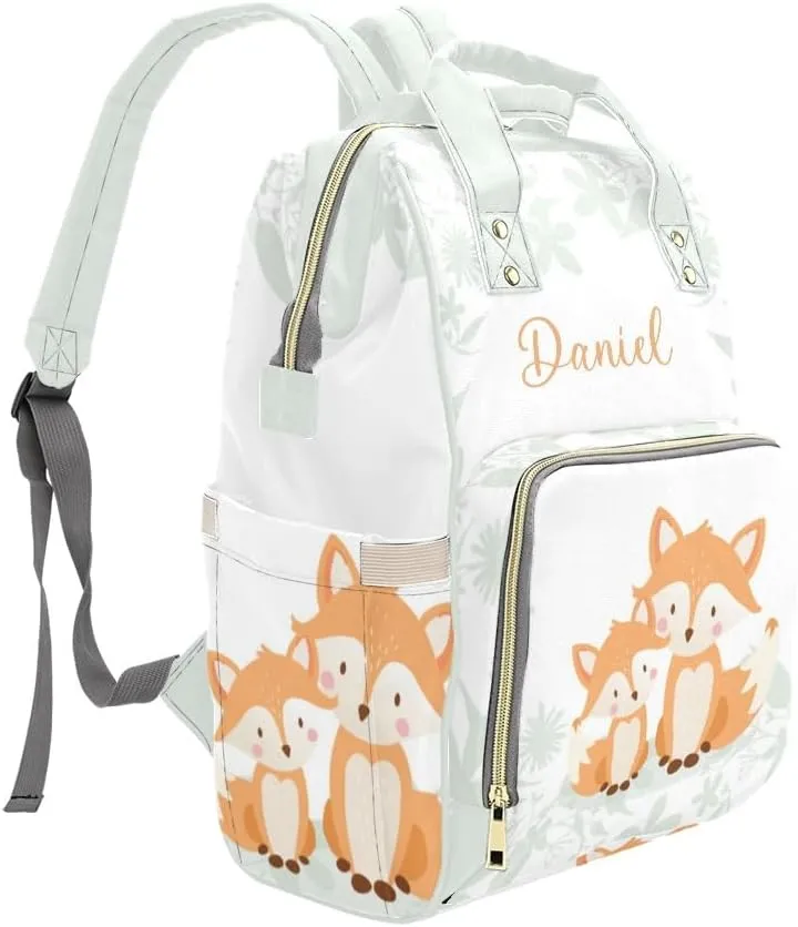 Woodland Fox Personalized Diaper Bag Backpack,Custom Name Diaper Backpack Nursing Baby Mommy Bag for Boys Girls Shower Gift